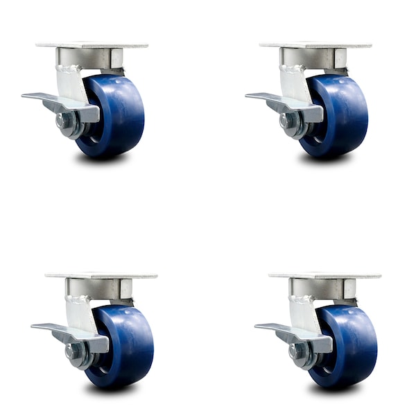 4 Inch Kingpinless Solid Poly Wheel Swivel Caster Set with Brakes